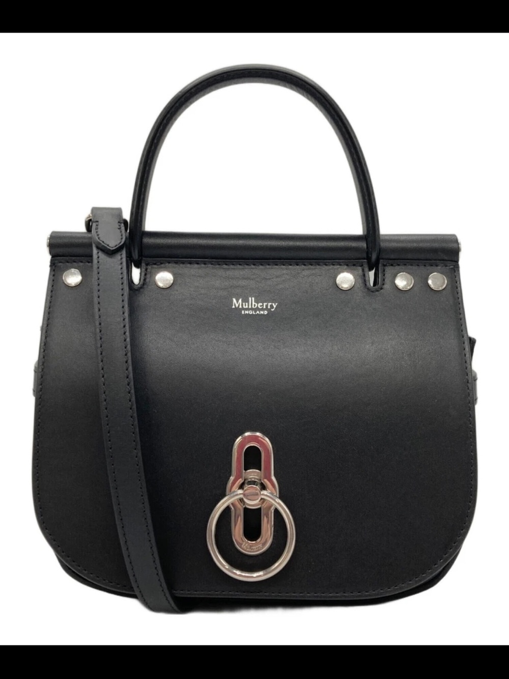 Mulberry Black Leather Satchel with Silver Ring Detail